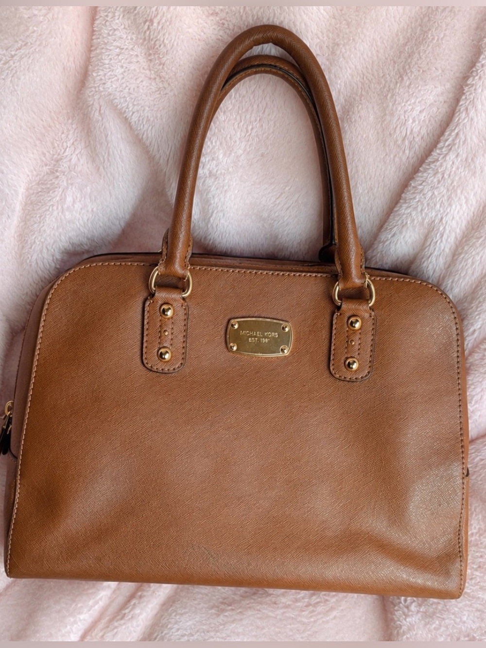 Michael Kors Classic Tan Saffiano Satchel Bag with Gold Hardware
